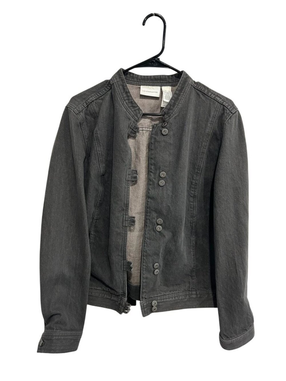 Liz Claiborne XL Gray Denim Jacket Mandarin Collar Casual Minimalist Retro